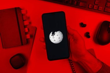 Prag, Çek Cumhuriyeti - 10 21 2024: Wikipedia logosunu gösteren akıllı telefon.