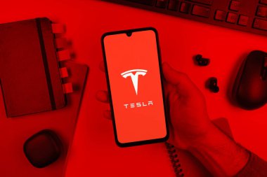 Prag, Çek Cumhuriyeti - 10 21 2024: Tesla logosunu gösteren akıllı telefon.