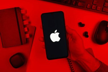 Prag, Çek Cumhuriyeti - 10 21 2024: Apple logosunu gösteren akıllı telefon.