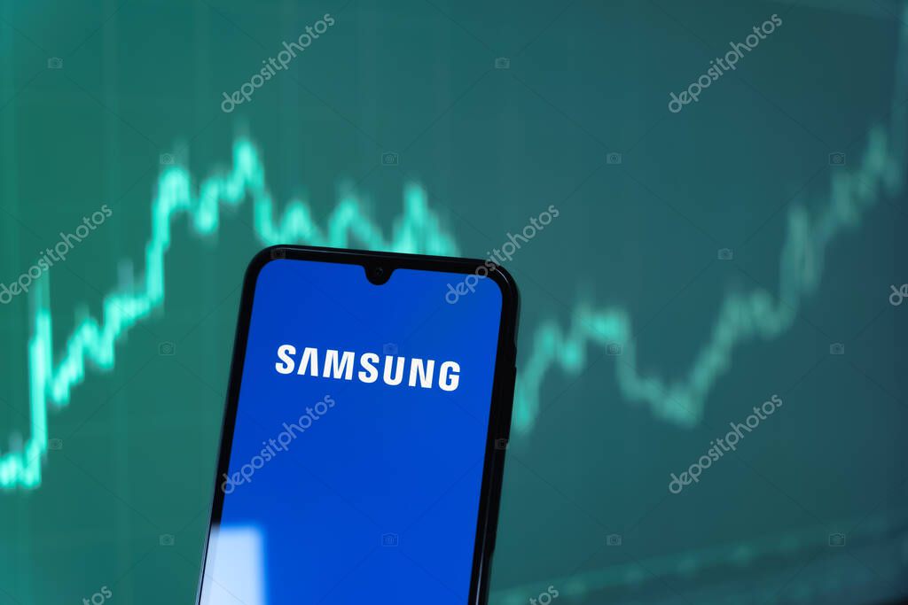 Prague, Czechia - 10 21 2024: Smartphone on surface showing Samsung logo.