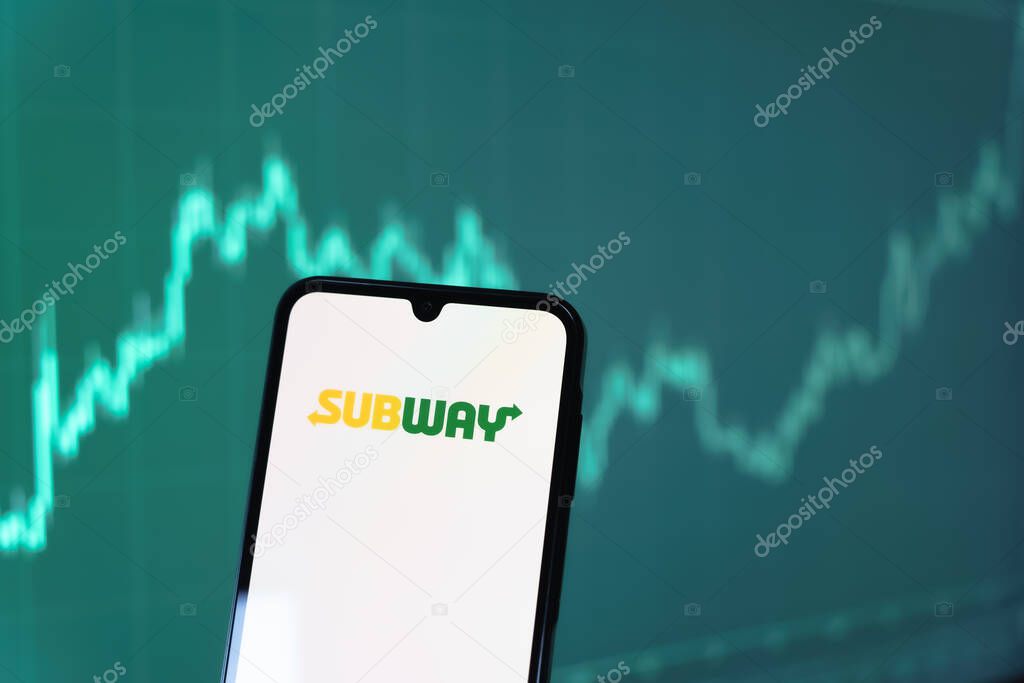 Prague, Czechia - 10 21 2024: Smartphone on surface showing Subway logo.