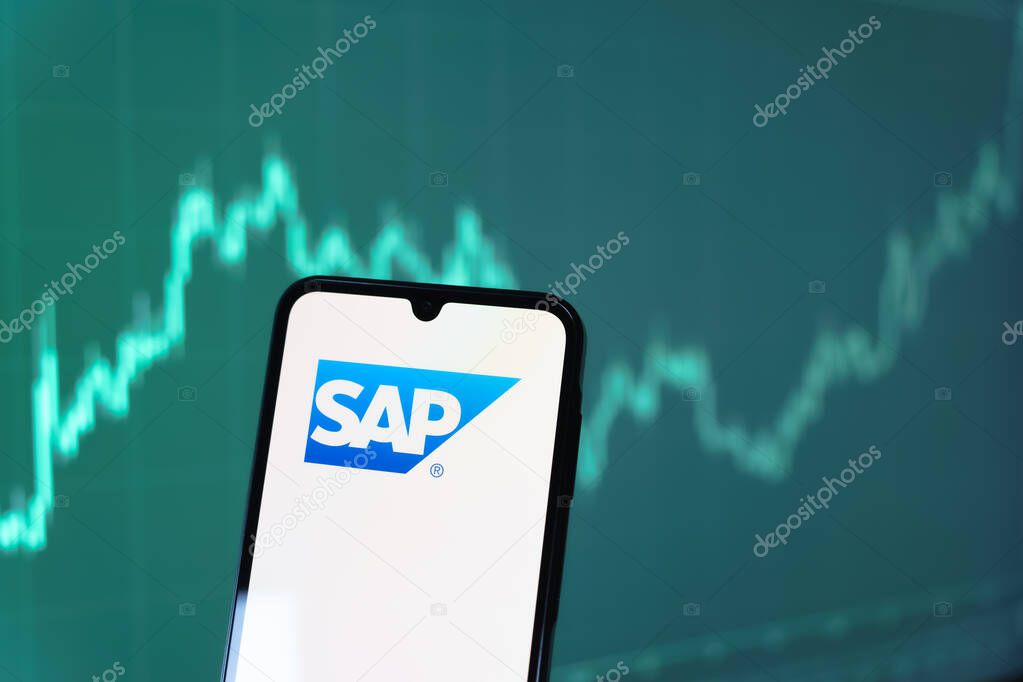 Prague, Czechia - 10 21 2024: Smartphone on surface showing SAP logo.