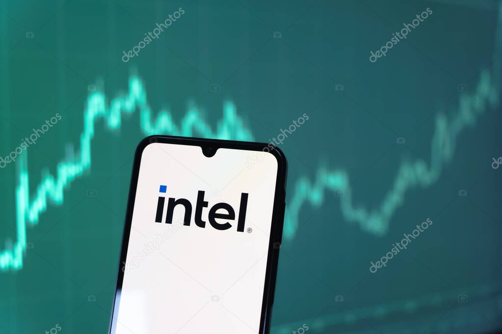 Prague, Czechia - 10 21 2024: Smartphone on surface showing Intel logo.