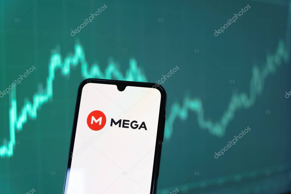 Prague, Czechia - 10 21 2024: Smartphone on surface showing Mega logo.