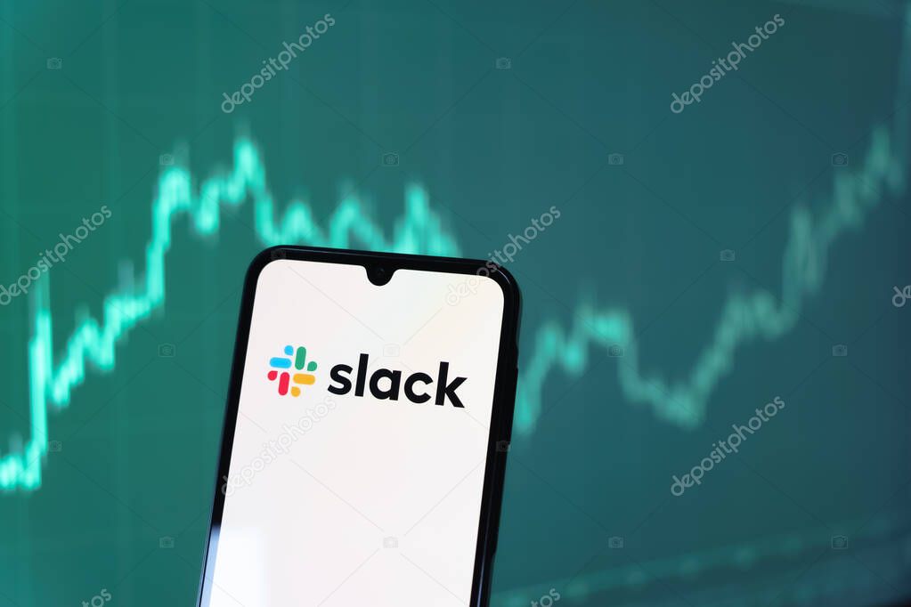 Prague, Czechia - 10 21 2024: Smartphone on surface showing Slack logo.