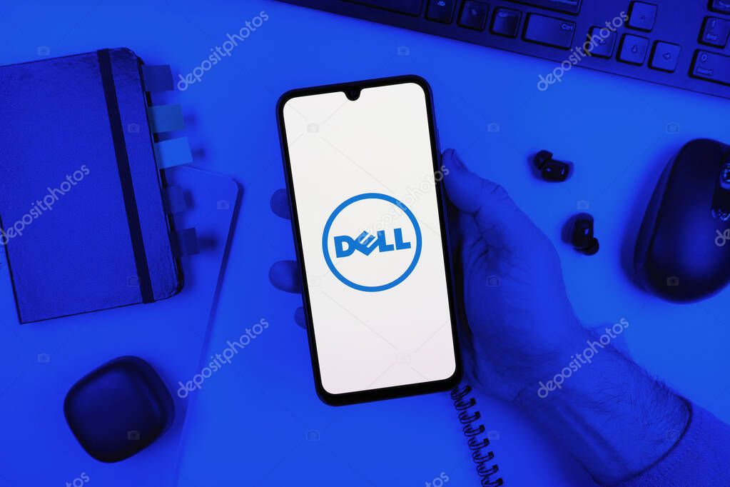 Prague, Czechia - 10 21 2024: Smartphone on surface showing Dell logo.