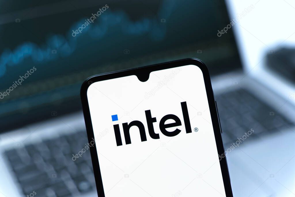 Prague, Czechia - 05 08 2025: Smartphone on surface showing Intel logo.