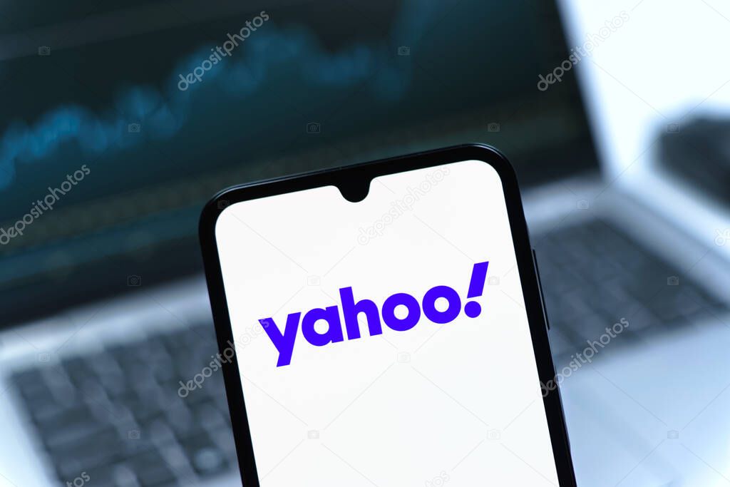 Prague, Czechia - 05 08 2025: Smartphone on surface showing Yahoo logo.