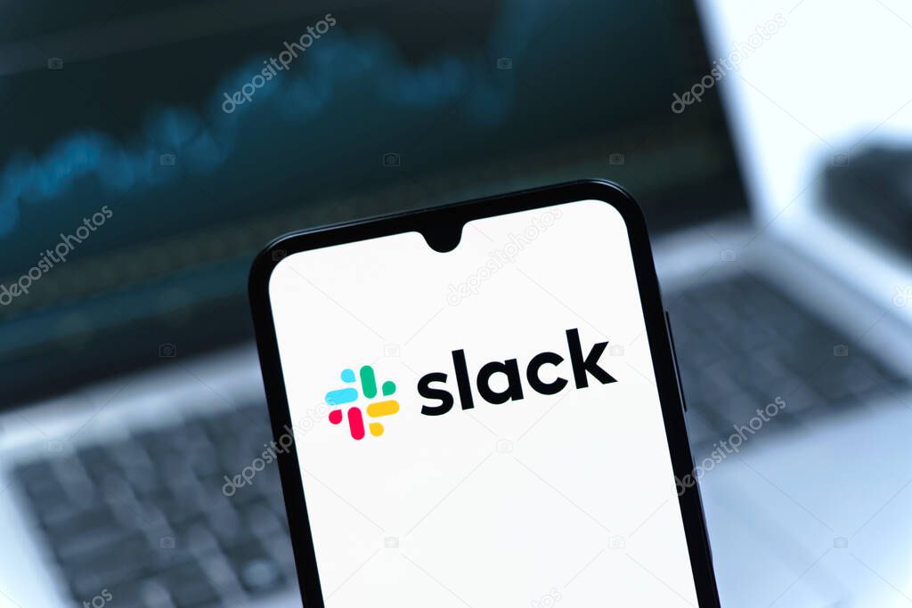Prague, Czechia - 05 08 2025: Smartphone on surface showing Slack logo.