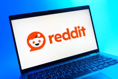 Prag, Çek Cumhuriyeti - 05 08 2025: Renkli bir arkaplanda duran ve Reddit logosunu gösteren bir dizüstü bilgisayarın yakından görüntüsü.