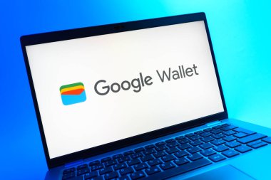 Prag, Çek Cumhuriyeti - 05 08 2025: Google Cüzdan logosunu gösteren renkli bir arkaplanda duran dizüstü bilgisayarın yakından görüntüsü.