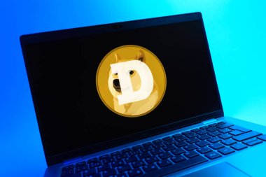 Prag, Çek Cumhuriyeti - 05 08 2025: Renkli bir arkaplanda duran ve Dogecoin logosunu gösteren bir dizüstü bilgisayarın yakından görüntüsü.