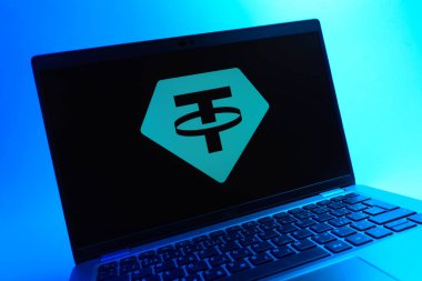 Prag, Çek Cumhuriyeti - 05 08 2025: Renkli bir arkaplanda uzanan bir dizüstü bilgisayarın yakından görüntüsü,.