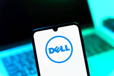 Prag, Çek Cumhuriyeti - 05 08 2025: Dell logosunu gösteren akıllı telefon.