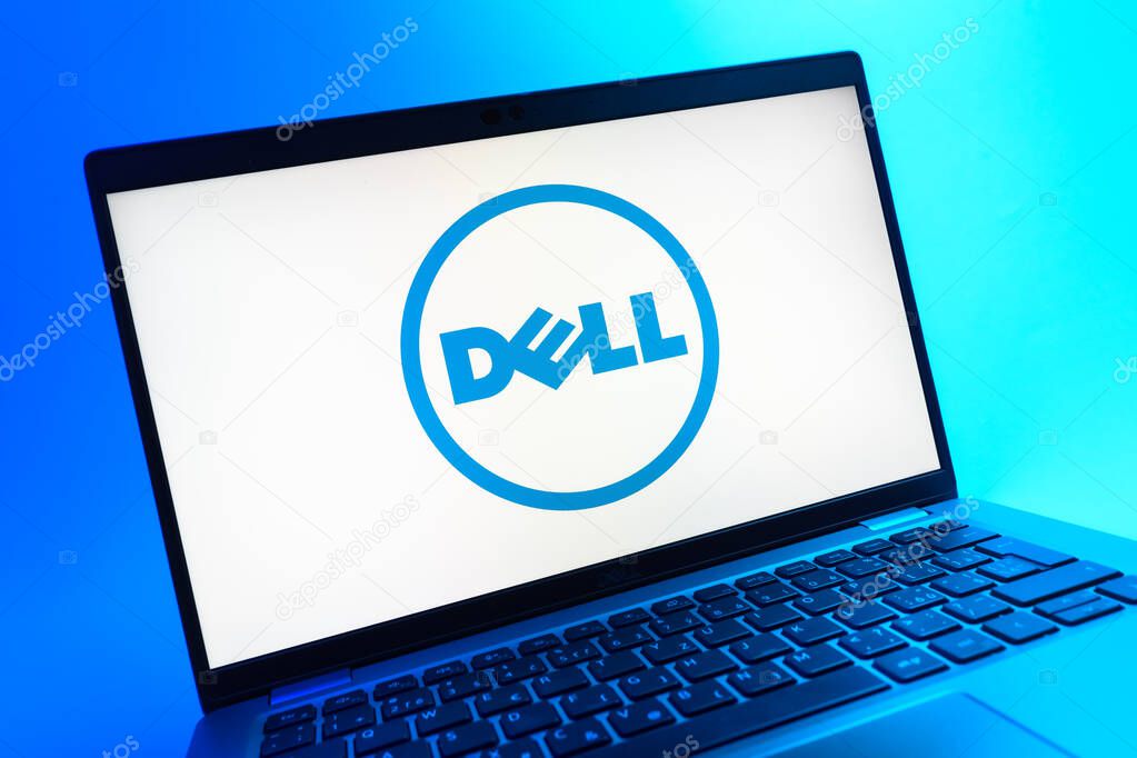 Prague, Czechia - 05 08 2025: A close-up view of a laptop lying on a colorful background, showing Dell logo.