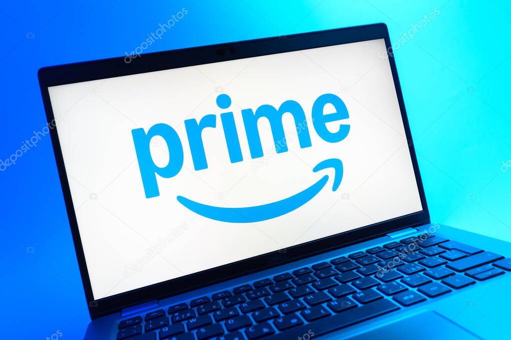 Prague, Czechia - 05 08 2025: A close-up view of a laptop lying on a colorful background, showing Prime logo.