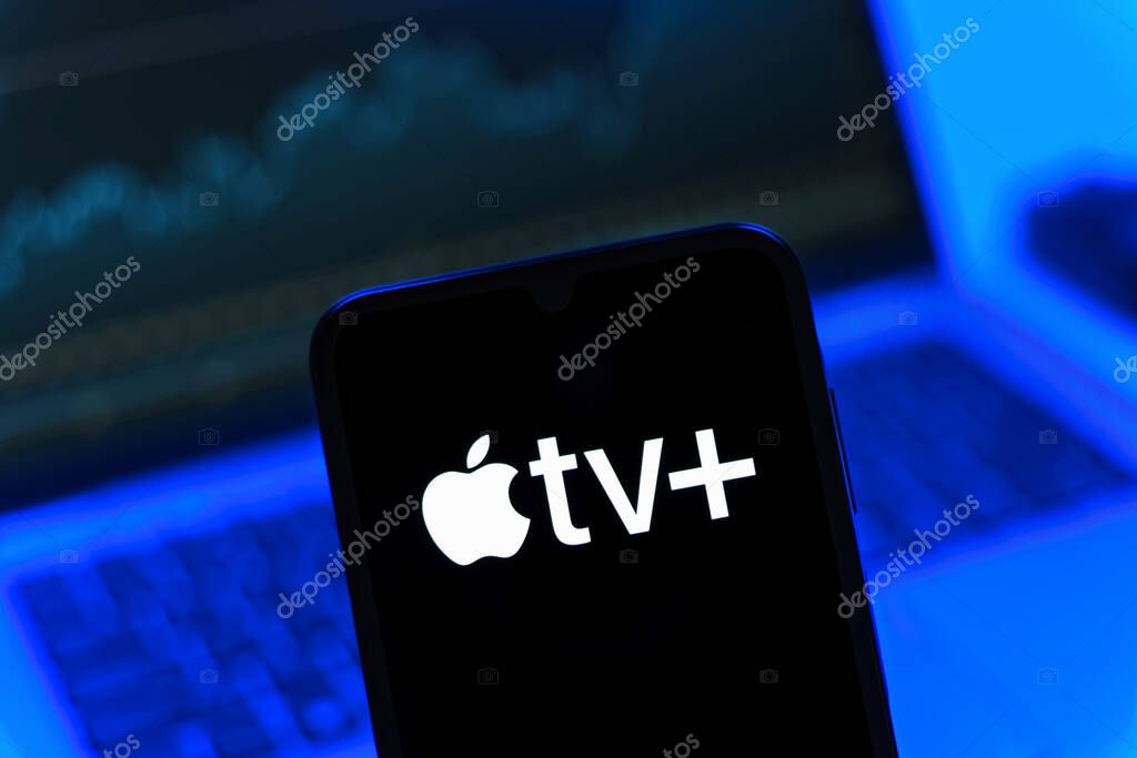 Prague, Czechia - 05 08 2025: Smartphone on surface showing Apple TV+ logo.