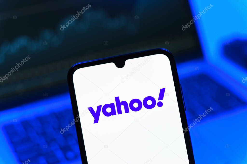 Prague, Czechia - 05 08 2025: Smartphone on surface showing Yahoo logo.