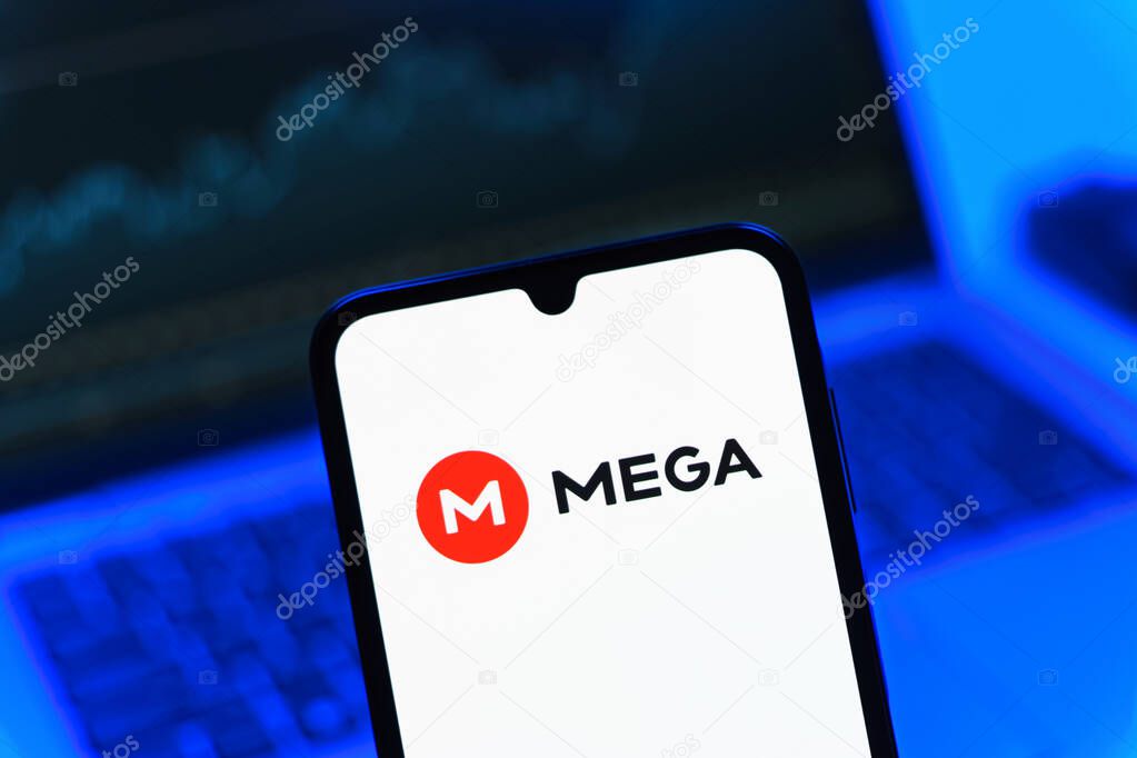 Prague, Czechia - 05 08 2025: Smartphone on surface showing Mega logo.