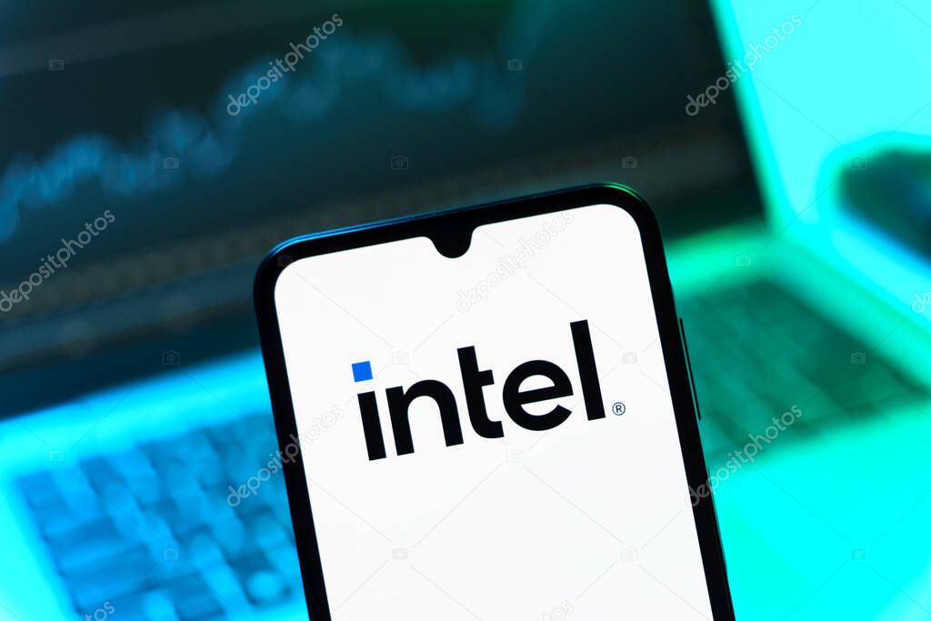 Prague, Czechia - 05 08 2025: Smartphone on surface showing Intel logo.
