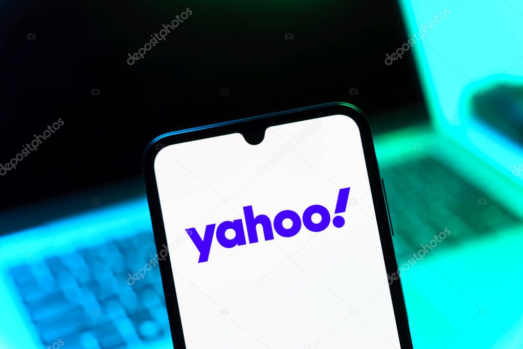 Prague, Czechia - 05 08 2025: Smartphone on surface showing Yahoo logo.