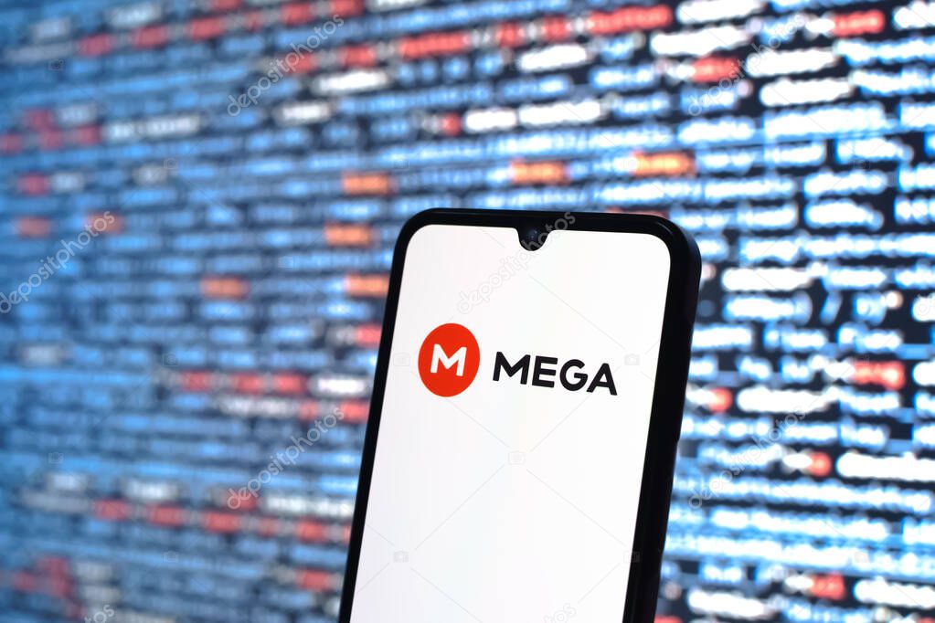 Prague, Czechia - 05 18 2025: A smartphone in front of source code background displays Mega logo.