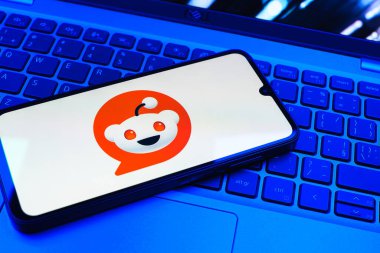 Prag, Çek Cumhuriyeti - 08 01 2025: Dizüstü bilgisayarın üzerinde duran bir cep telefonu Reddit logosunu gösterir. Reddit tartışma, haber ve toplum içeriği için bir platformdur.