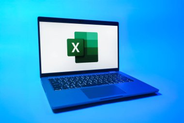 Prag, Çek Cumhuriyeti - 08 01 2025: Tek bir arkaplanda bir dizüstü bilgisayar Excel logosunu gösterir. Excel, tablo, veri analizi ve hesaplamalar için bir yazılımdır..
