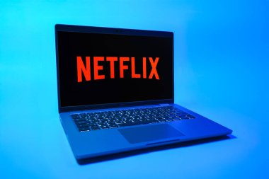 Prag, Çek Cumhuriyeti - 08 01 2025: Tek tip arka planda bir dizüstü bilgisayar Netflix logosunu gösterir. Netflix sinema ve televizyon programları için bir yayın platformudur..