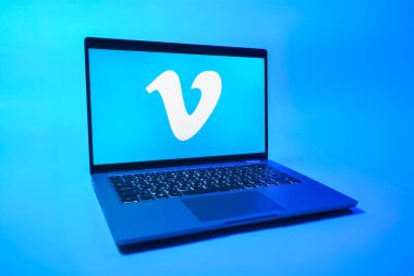 Prag, Çek Cumhuriyeti - 08 01 2025: Tek tip arka planda bir dizüstü bilgisayar Vimeo logosunu gösterir. Vimeo, yüksek kaliteli video sunucu ve paylaşımı için bir platformdur.