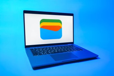 Prag, Çek Cumhuriyeti - 08 01 2025: Tek tip arka planda bir dizüstü bilgisayar Google Cüzdan logosunu gösterir. Google Cüzdanı dijital ödeme yöntemlerini depolamak ve kullanmak için bir platformdur.