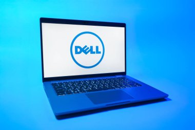 Prag, Çek Cumhuriyeti - 08 01 2025: Dell logosunu gösteren bir dizüstü bilgisayar. Dell bilgisayar ve bilişim çözümleri üreten bir teknoloji şirketidir..