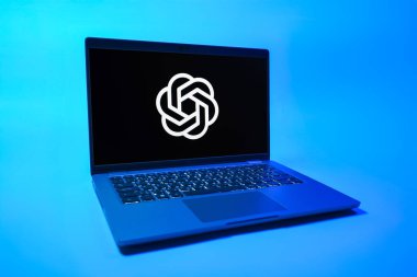 Prag, Çek Cumhuriyeti - 08 01 2025: Tek bir arkaplanda bir dizüstü bilgisayar OpenAI logosunu gösterir. OpenAI, yapay zeka modelleri ve uygulamaları geliştiren bir platformdur..