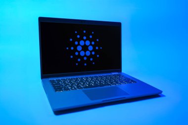 Prag, Çek Cumhuriyeti - 08 01 2025: Tek tip arkaplanda bir dizüstü bilgisayar Cardano logosunu gösteriyor. Cardano akıllı sözleşmeler ve kripto için bir engelleme platformudur..