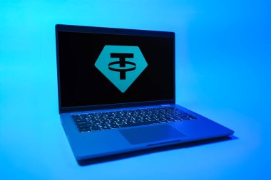 Prag, Çek Cumhuriyeti - 08 01 2025: Unither logosunu gösteren bir dizüstü bilgisayar. Bağlayıcı, ABD dolarına bağlı dijital bir kripto para birimi..