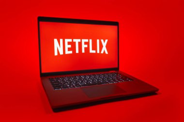 Prag, Çek Cumhuriyeti - 08 01 2025: Tek tip arka planda bir dizüstü bilgisayar Netflix logosunu gösterir. Netflix sinema ve televizyon programları için bir yayın platformudur..