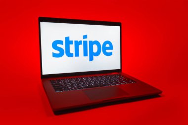Prag, Çek Cumhuriyeti - 08 01 2025: Tek tip arka planda bir dizüstü bilgisayar Stripe logosunu gösterir. Stripe çevrimiçi ödeme işlemleri ve işlemleri için bir platformdur.