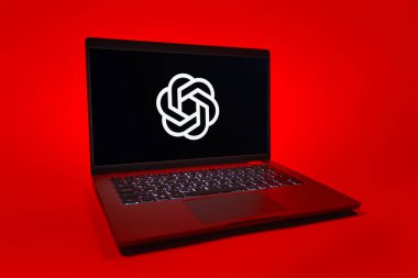 Prag, Çek Cumhuriyeti - 08 01 2025: Tek bir arkaplanda bir dizüstü bilgisayar OpenAI logosunu gösterir. OpenAI, yapay zeka modelleri ve uygulamaları geliştiren bir platformdur..