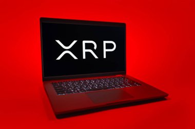 Prag, Çek Cumhuriyeti - 08 01 2025: Tek tip arkaplanda bir dizüstü bilgisayar Ripple logosunu gösterir. Dalgalanma dijital kripto para birimi ve ödeme protokolüdür..