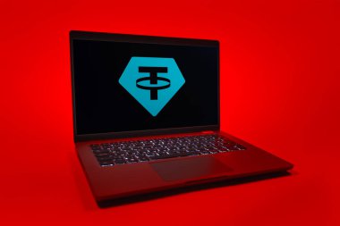 Prag, Çek Cumhuriyeti - 08 01 2025: Unither logosunu gösteren bir dizüstü bilgisayar. Bağlayıcı, ABD dolarına bağlı dijital bir kripto para birimi..