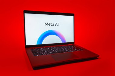 Prag, Çek Cumhuriyeti - 08 01 2025: Tek bir arkaplanda bir dizüstü bilgisayar Meta AI logosunu gösteriyor. Meta-AI yapay zeka uygulamaları geliştirmek için bir platformdur..