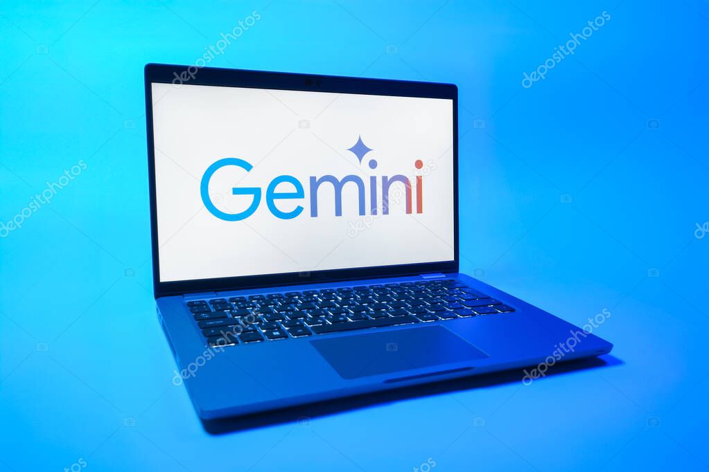Prague, Czechia - 08 01 2025: A laptop on a uniform background displays the Gemini logo. Gemini is a platform for cryptocurrency trading and management.