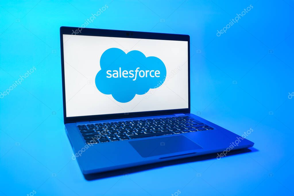 Prague, Czechia - 08 01 2025: A laptop on a uniform background displays the Salesforce logo. Salesforce is a platform for customer relationship management and cloud services.