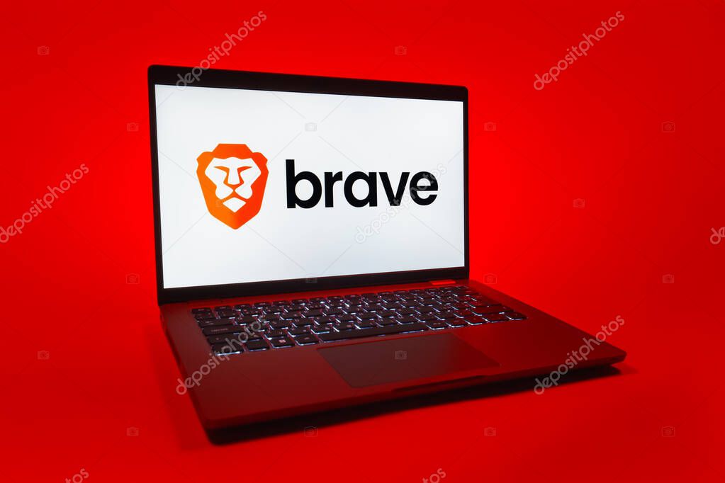 Prague, Czechia - 08 01 2025: A laptop on a uniform background displays the Brave logo. Brave is a web browser focused on privacy and speed.