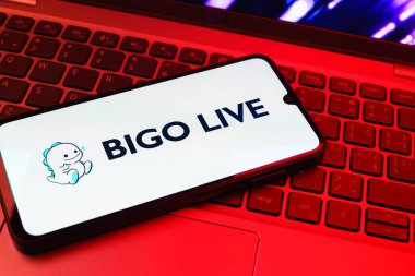 Prag, Çek Cumhuriyeti - 08 01 2025: Dizüstü bilgisayarın üzerinde duran bir cep telefonu Bigo Live logosunu gösteriyor. Bigo Live canlı yayın ve sosyal etkileşim için bir platformdur.