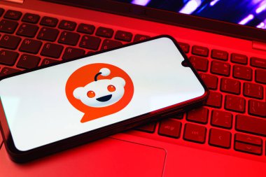Prag, Çek Cumhuriyeti - 08 01 2025: Dizüstü bilgisayarın üzerinde duran bir cep telefonu Reddit logosunu gösterir. Reddit tartışma, haber ve toplum içeriği için bir platformdur.