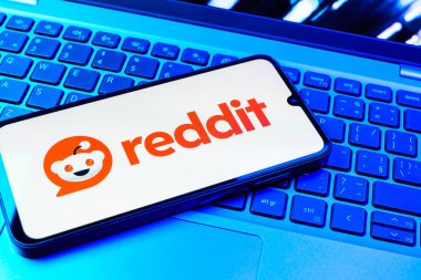 Prag, Çek Cumhuriyeti - 08 01 2025: Dizüstü bilgisayarın üzerinde duran bir cep telefonu Reddit logosunu gösterir. Reddit tartışma, haber ve toplum içeriği için bir platformdur.