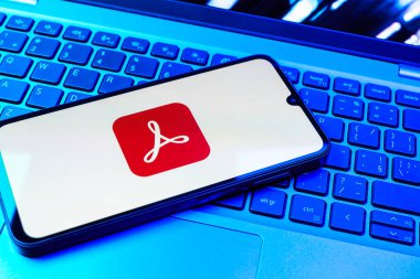 Prag, Çek Cumhuriyeti - 08 01 2025: Dizüstü bilgisayarın üzerinde duran bir cep telefonu Acrobat Reader logosunu gösteriyor. Acrobat Reader, PDF belgelerini görüntülemek ve yönetmek için bir platformdur.