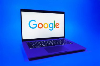 Prag, Çek Cumhuriyeti - 08 01 2025: Tek bir arkaplanda bir dizüstü bilgisayar Google logosunu gösterir. Google bilgi için bir arama motoru ve teknoloji platformudur.