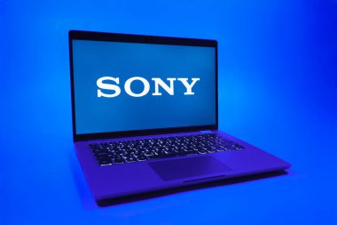 Prag, Çek Cumhuriyeti - 08 01 2025: Sony logosunu gösteren bir dizüstü bilgisayar. Sony elektronik, oyun ve eğlence üreten bir teknoloji şirketidir..
